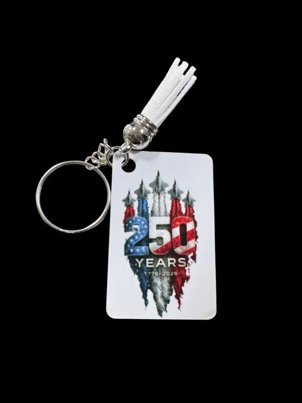 USA 250 Years Anniversary Keychain, Metal, White Tassel, Patriotic 1776-2026 Com
